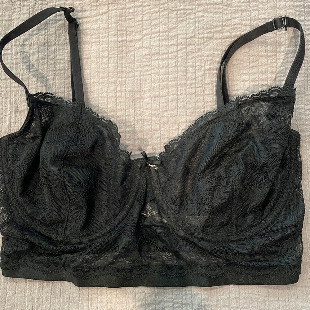 On gossamer unlined black lace bustier